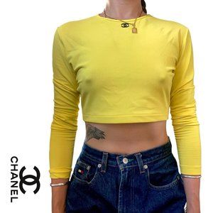 iconic chanel vintage sporty y2k spring 1995 neon yellow black CC logo crop top